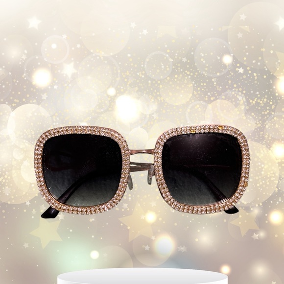 Black/Gold Square Oversized Women's Sunglasses with Diamond Stud Decorated Lens - Picture 2 of 12